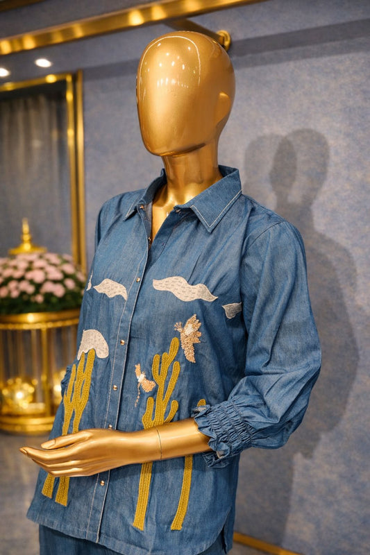 Denim Blue Casual Coat Set with Resham Embroidery, Kardana & Sequin Work