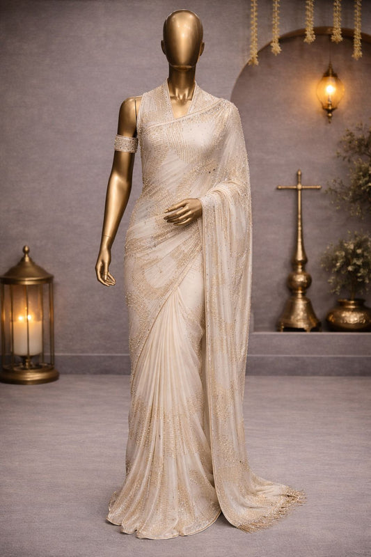 Elegant White Mulberry Silk Saree with Sequence & Kardana Work, A Timeless Party Wear Statement for Women