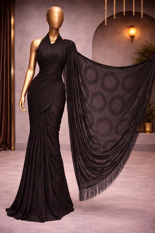 Stunning Black Mulberry Silk Saree with Sequence & Kardana Work, A Glamorous Party Wear Saree for Women