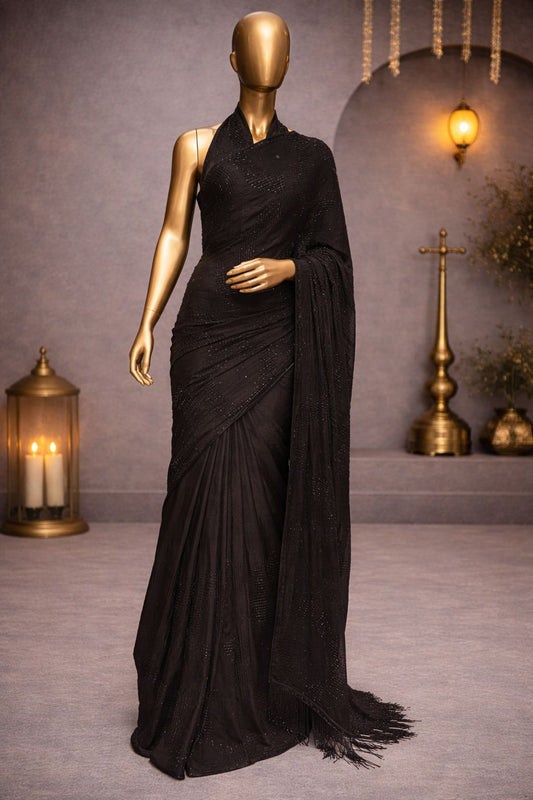 Stunning Black Mulberry Silk Saree with Sequence & Kardana Work, A Glamorous Party Wear Saree for Women