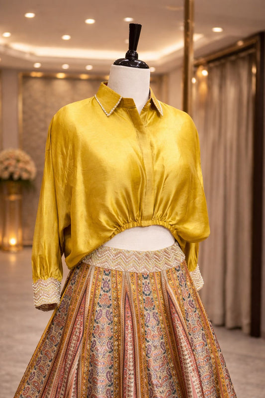 Sunlit Fusion Silk Indo Western Set with Statement Printed Skirt & Chic Shirt-Style Top