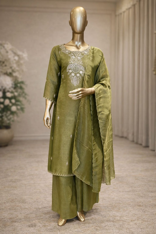 Olive Grace Tissue Silk Indo Western Kurti Set with Hand Zardoji & Kardana Elegance