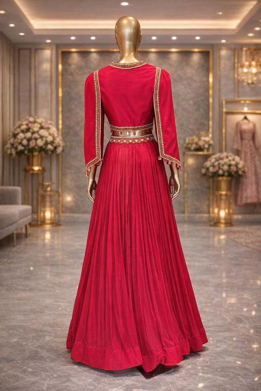 Cherry Glow Indo Western Skirt Set with Mirror Work Designer Blouse