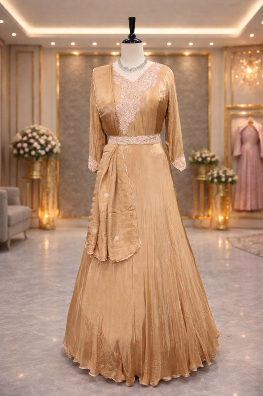 Beige Gold Grace Indo Western Gown Set with Zardoji Detailing & Elegant Dupatta