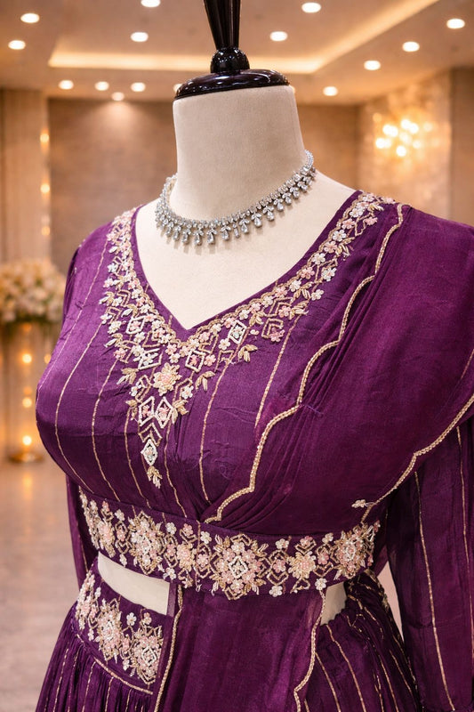 Deep Purple Elegance Indo Western Set with Embellished Crop Top & Attached Dupatta