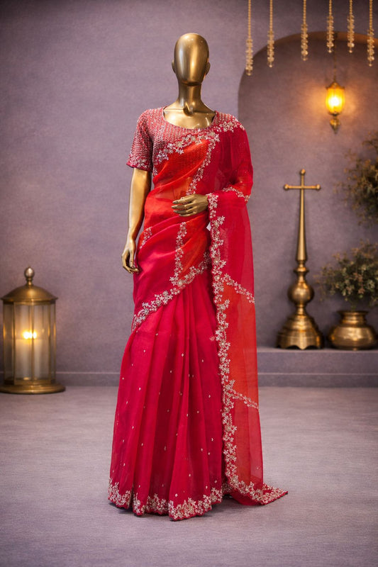 Stunning Red Organza Saree with Handcrafted Ari, Sequence & Kardana Work Elegant Party Wear Saree for Women