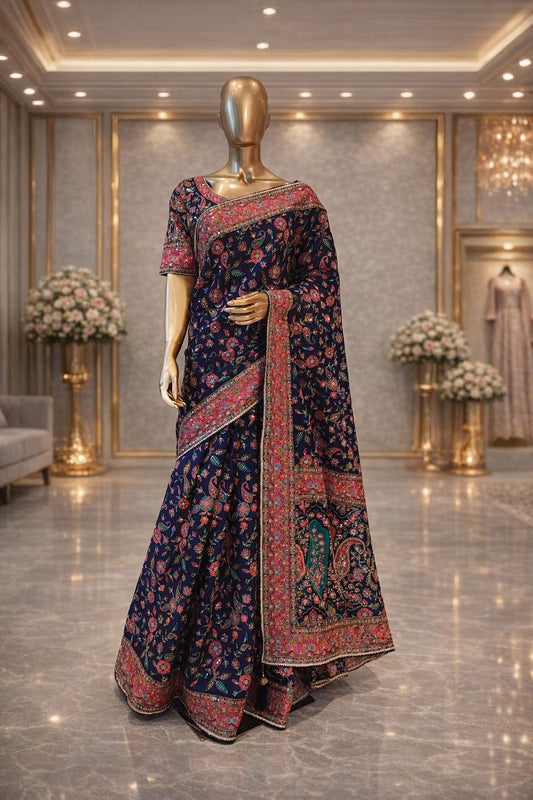 Graceful Multicolor Gajji Satin Saree with Ari & Sequence Work Designer Party Wear Saree for Women