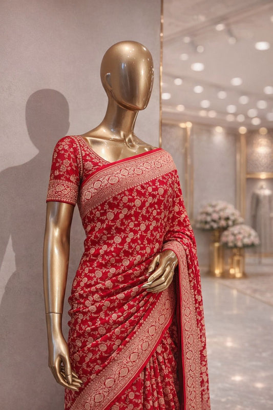 Classic Red Khaddi Georgette Bandhej Saree with Jaal Weaving – Traditional Sarees for Women
