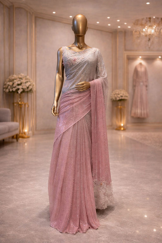 Stylish Ombre Light Green Net Saree with Sequence & Beads Work Designer Fancy Party Wear Saree for Women