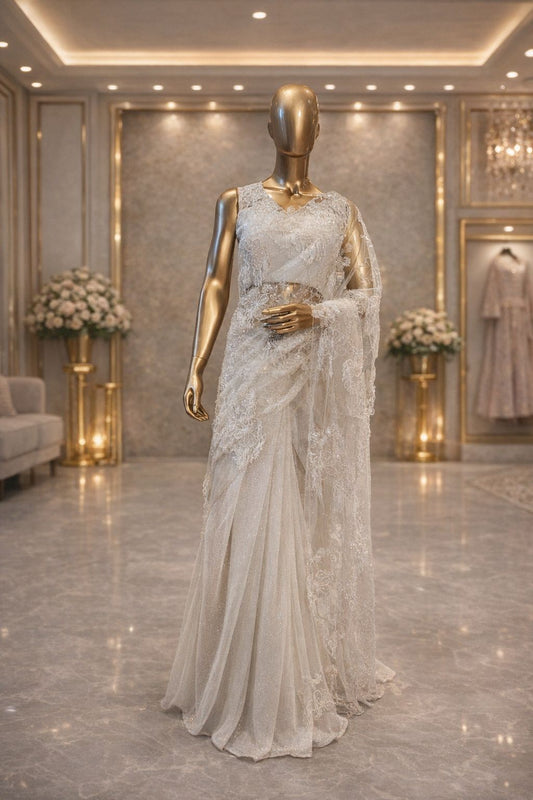Chic Off-White Net Half-Half Saree with Sequence & Hanging Beads Designer Fancy Party Wear Saree for Women