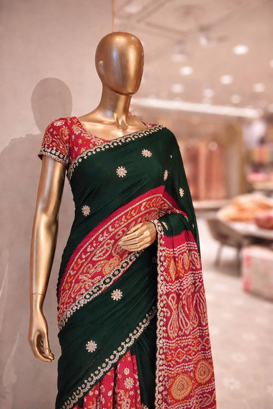 Fresh Green & Red Gajji Silk Bandhej Saree with Ari, Gotta & Aabla Work