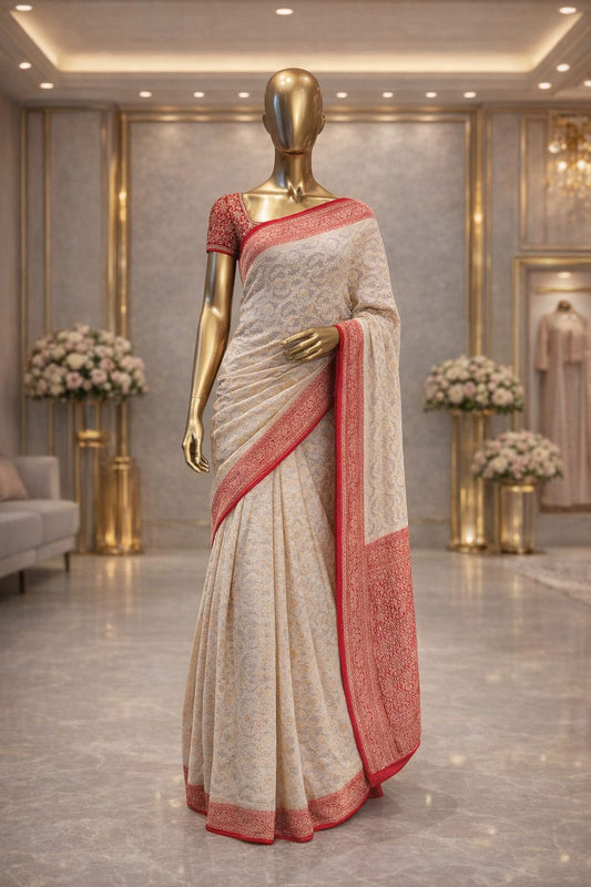 Classic Off-White & Red Khaddi Georgette Saree with Woven Jaal Work