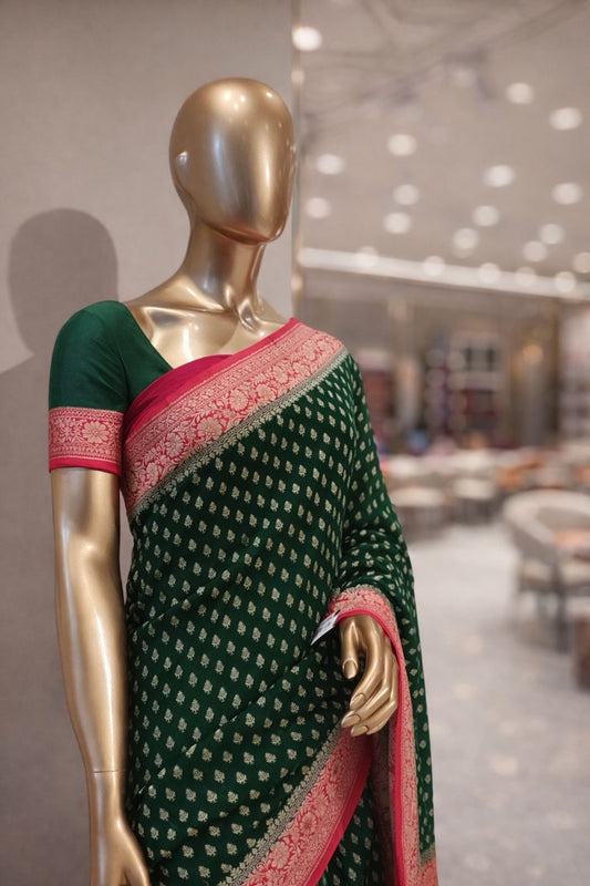 Green & Red Khaddi Georgette Bandhej Saree with Buti Weaving Traditional Sarees for Women