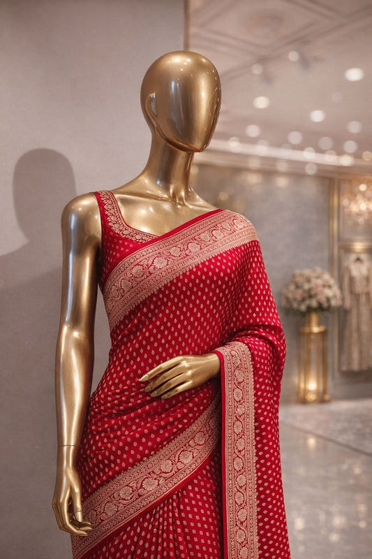 Red Khaddi Georgette Bandhej Saree with Butti Work Simple Traditional Sarees for Women