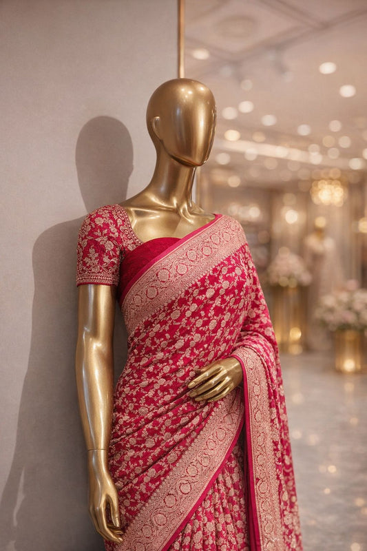Hot Pink Khaddi Georgette Bandhej Saree with Jaal Weaving, Classic Sarees for Women