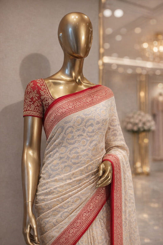 Classic Off-White & Red Khaddi Georgette Saree with Woven Jaal Work