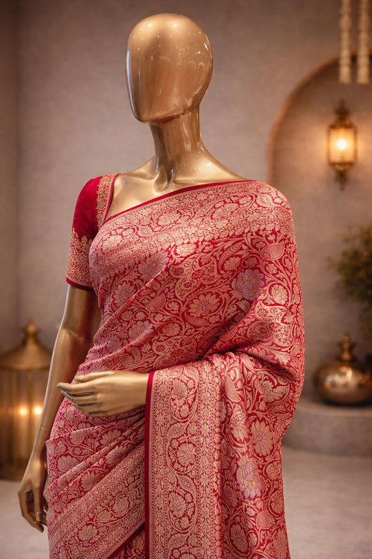 Graceful Red Georgette Banarasi Saree with Fine Hand Weaving