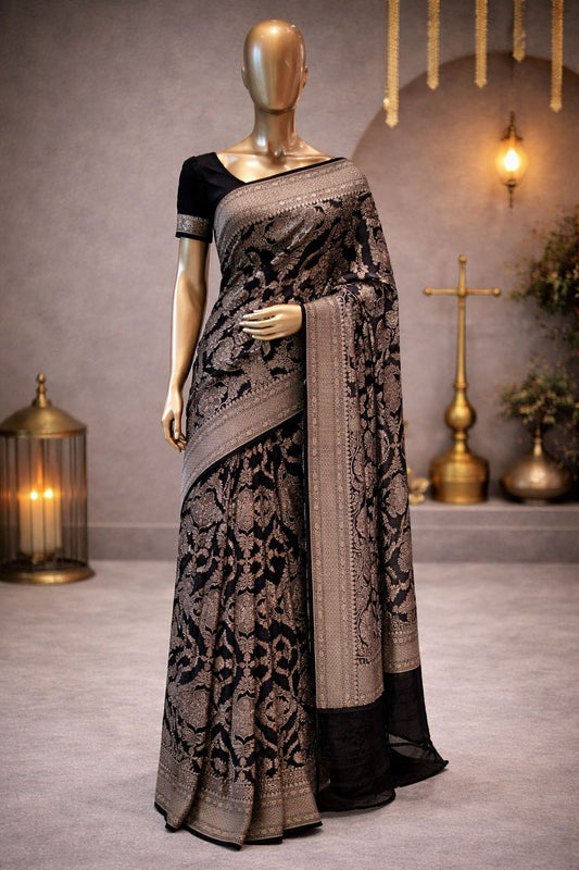 Bold Black Georgette Banarasi Saree with Handwoven Detailing