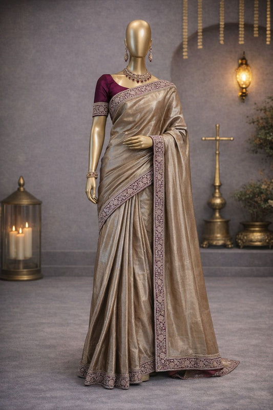 Shimmering Golden Tissue Silk Saree with Zardozi & Dori Detailing
