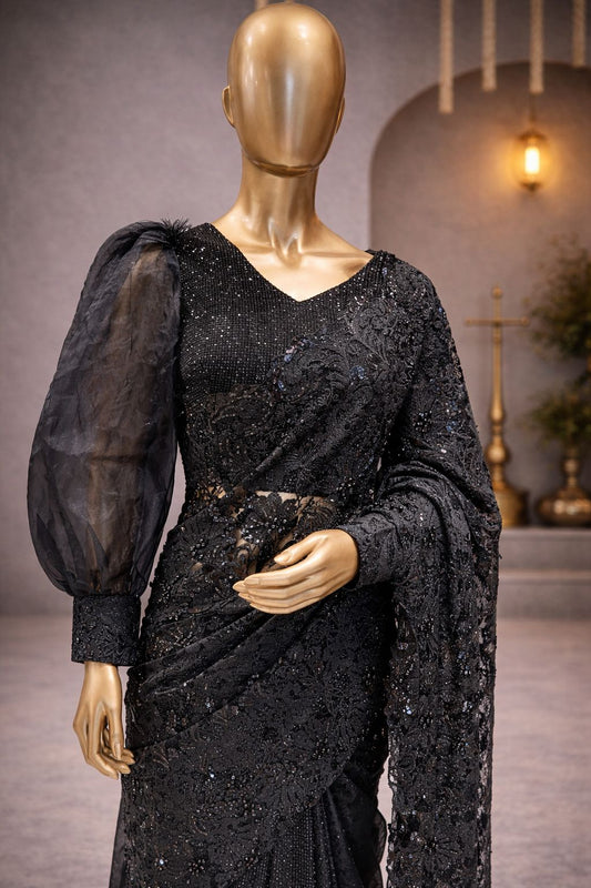 All-Black Net Saree with All-Over Sequence & Rashem Work Bold and Glamorous Fancy Saree