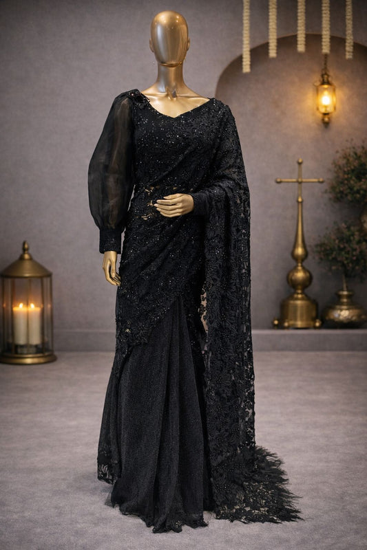 All-Black Net Saree with All-Over Sequence & Rashem Work Bold and Glamorous Fancy Saree