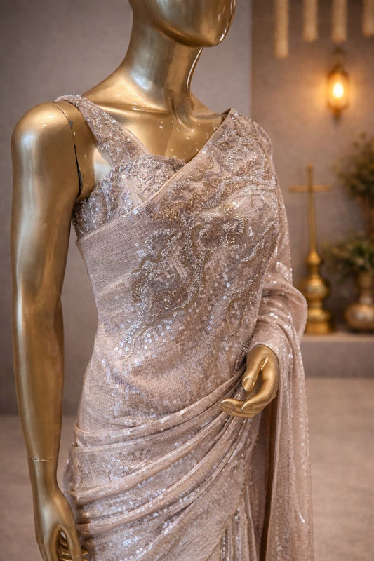 Glow in Gold Tissue Saree with Subtle Sequence Shine for a Perfect Fancy Look