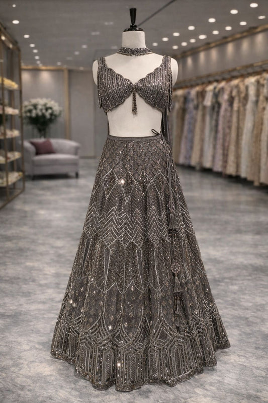 Midnight Pencil Grey Designer Lehenga with Tone-on-Tone Hand Detailing