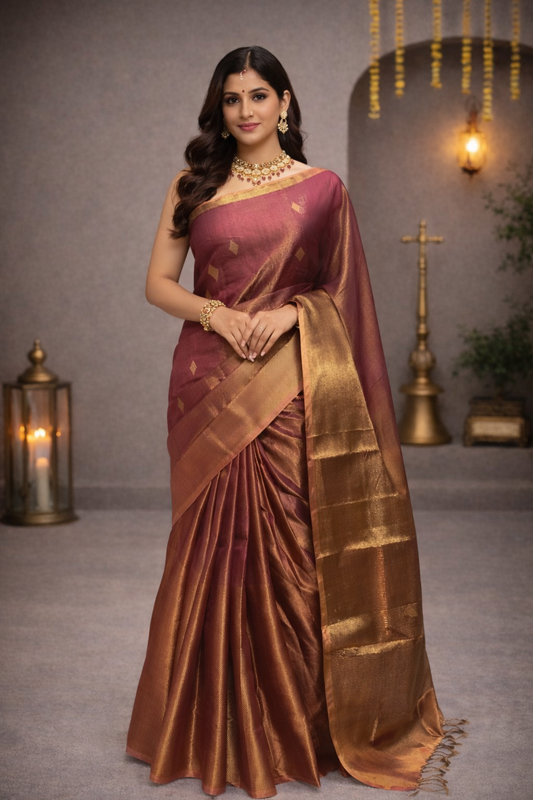 Mehroon Gold Maheshwari Handloom Saree with Zari Border and Classic Checks Pallu