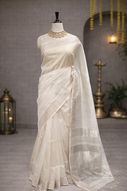 White Maheshwari Handloom Saree with Gentle Shine Beautiful Traditional Clothing.