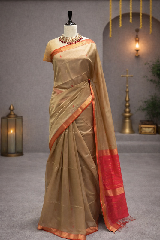 Smooth Beige Maheshwari Saree with Rich Red & Gold Zari Pallu