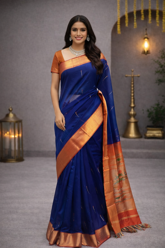 Royal Blue Maheshwari Handloom Saree with Copper Border and Printed Pallu Design