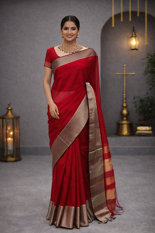 Classic Red Maheshwari Handloom Saree with Silver Border and Designer Striped Pallu