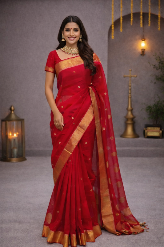 Rani Pink Maheshwari Handloom Saree with Golden Buti and Zari Border