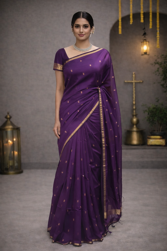 Royal Purple Maheshwari Handloom Saree with Gold Border and Buti Design