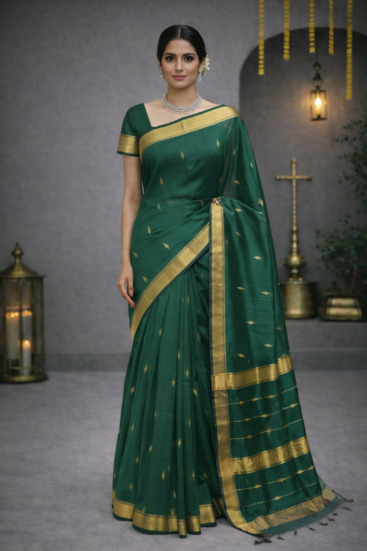 Dark Green Maheshwari Handloom Saree with Golden Border and Floral Motifs