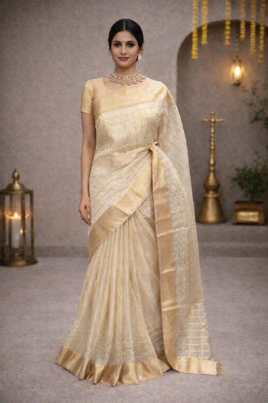 Elegant cream colored Maheshwari handloom saree with golden check patterns and a wide zari border.