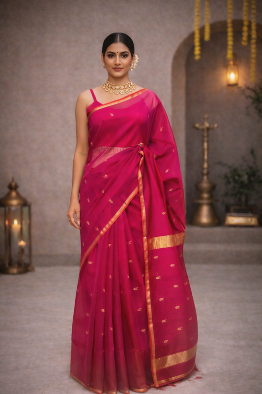 Rani Pink Maheshwari Handloom Saree with Golden Zari Border & Buti Motifs