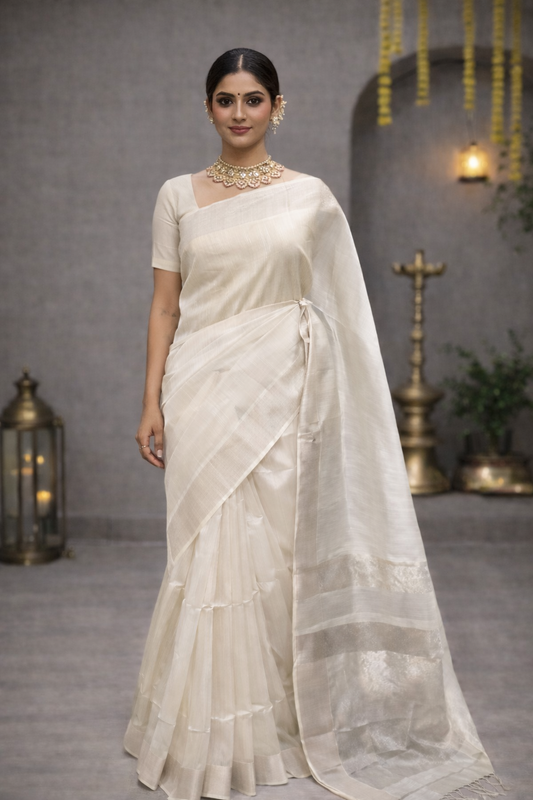 White Maheshwari Handloom Saree with Gentle Shine Beautiful Traditional Clothing.