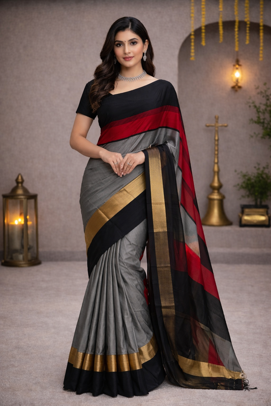 Stylish Black-Grey Maheshwari Handloom Saree with Red Stripes and Gold Border