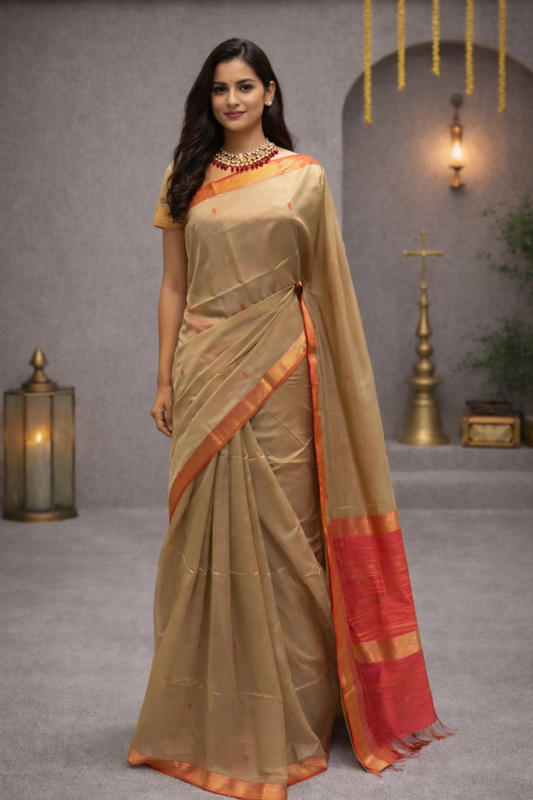 Smooth Beige Maheshwari Saree with Rich Red & Gold Zari Pallu
