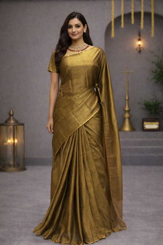 Golden Olive Maheshwari Handloom Saree with Soft Shine & Elegant Border