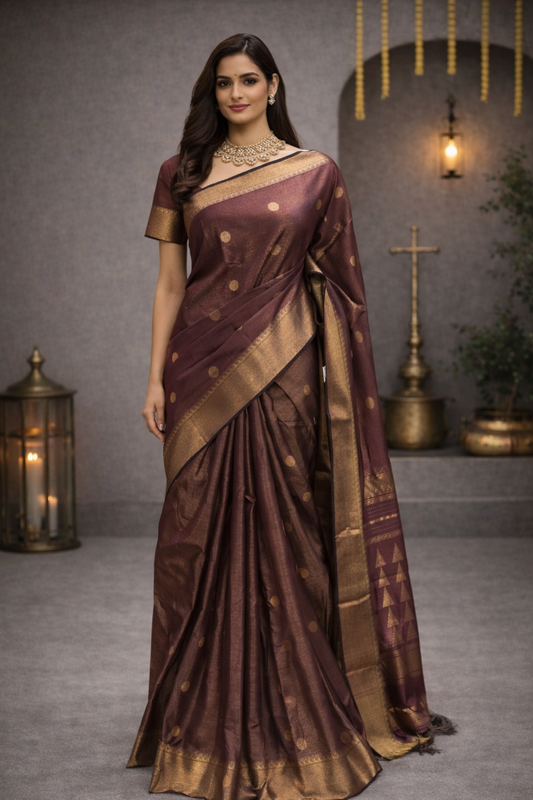 Brown Maheshwari Handloom Saree with Golden Buti and Broad Zari Border