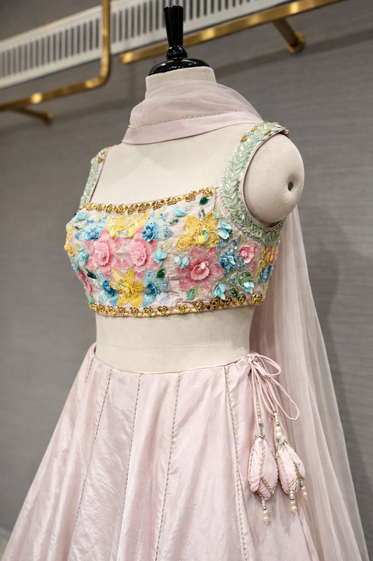Blush Bloom Baby Pink Silk Lehenga with Multicolor Sequin Highlights