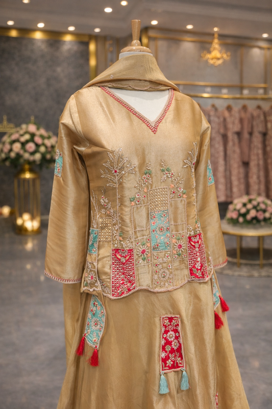 Golden Yellow Patchwork Style Indo-Western Lehenga Set with Hand Zardozi Detailing