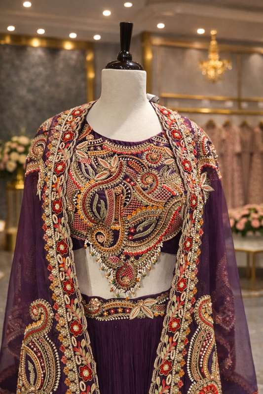 Royal Dark Purple Jacket-Style Indo-Western Lehenga with Multicolor Resham Embroidery