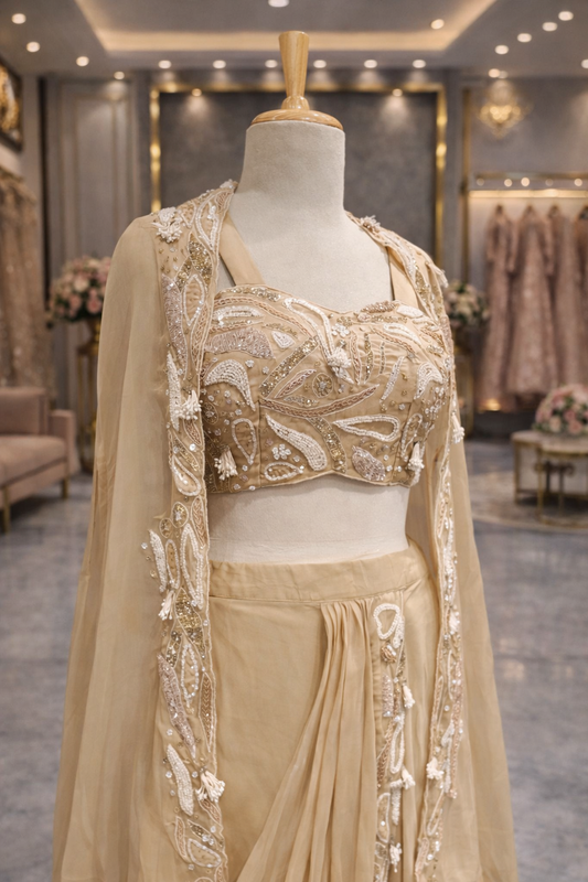 Golden Glow Draped Indo-Western Lehenga, Beige HO Silk with Hand Zardozi Detailing