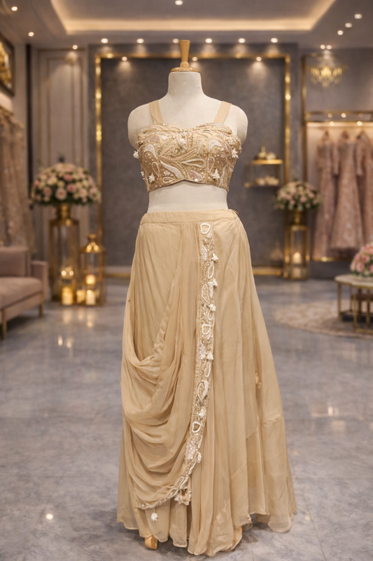 Golden Glow Draped Indo-Western Lehenga, Beige HO Silk with Hand Zardozi Detailing
