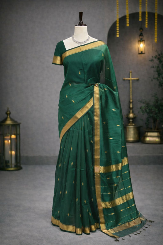 Dark Green Maheshwari Handloom Saree with Golden Border and Floral Motifs
