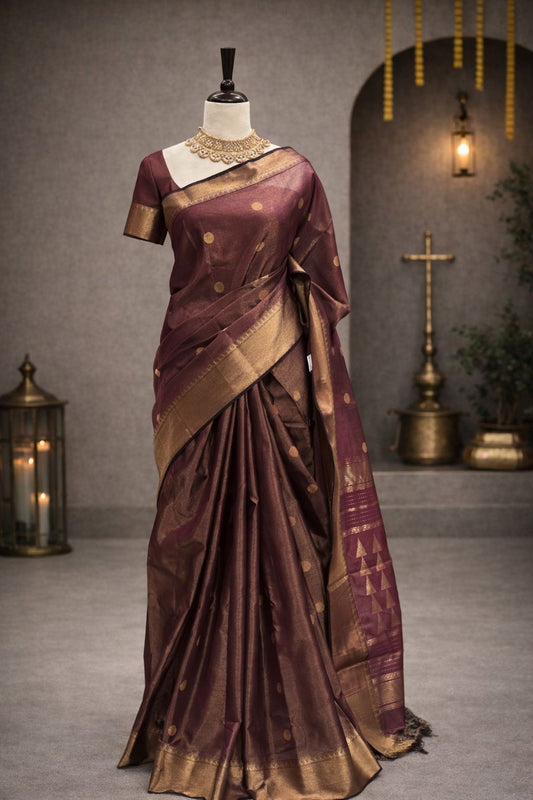 Brown Maheshwari Handloom Saree with Golden Buti and Broad Zari Border