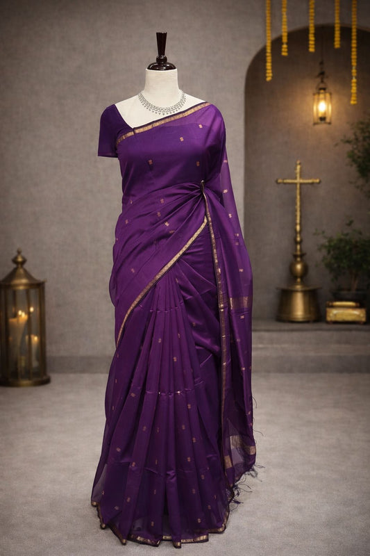 Royal Purple Maheshwari Handloom Saree with Gold Border and Buti Design